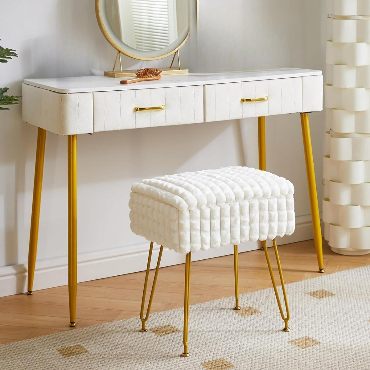 White Rectangular Vanity Chair with Storage – Ottoman Footrest Stool with Anti-Slip Feet & Square Grid Design, Perfect for Bedroom and Makeup Room