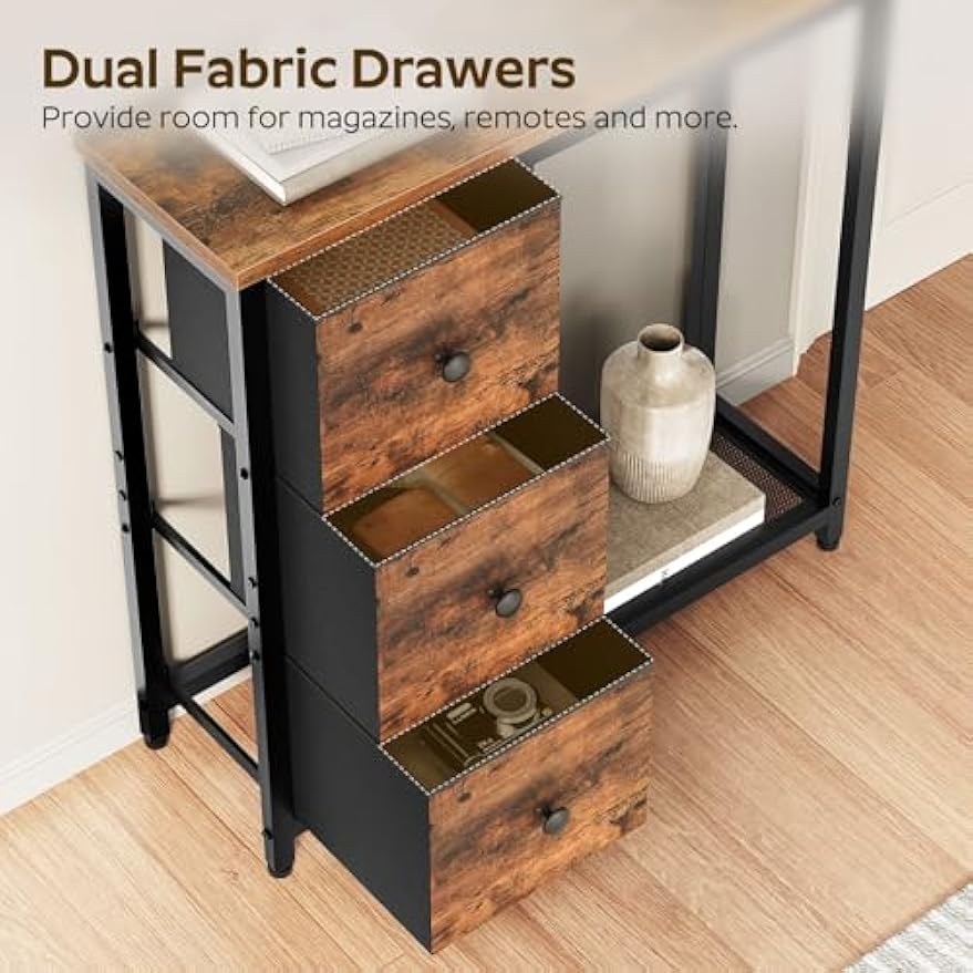 【NS】Slim Console Table, Sofa Table with 3 Fabric Drawers, Hallway Table with 2-Tier Storage Shelf, Industrial Storage Table, for Entryway, Living Room, Corridor, Rustic Brown and Black