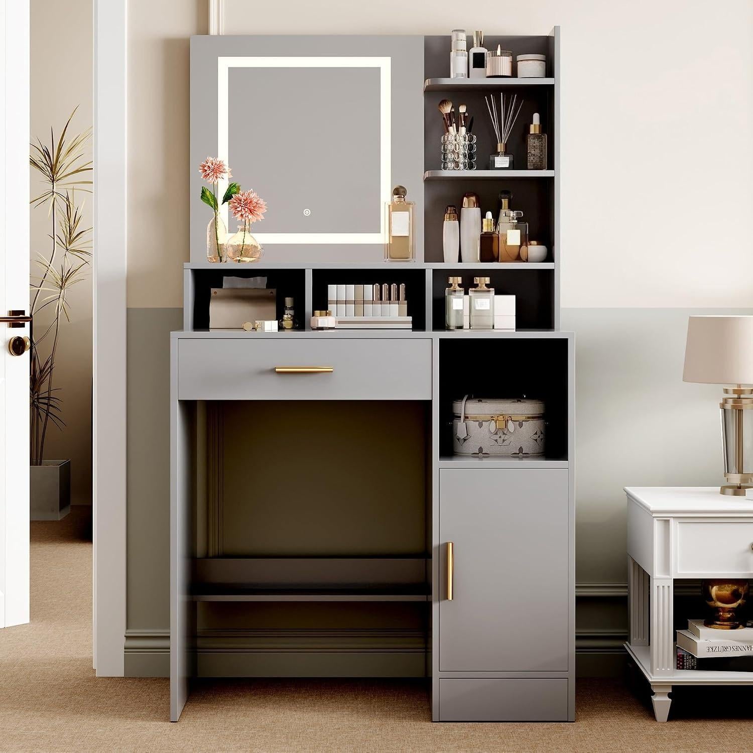 Modern Dressing Table, Vanity Desk with LED Lighted Mirror & Drawers, Touch‑Control 3 Color Modes Brightness Adjustable Makeup Table, Large Open Storage Shelves Cabinet, Cosmetic Vanity Desk for Bedroom