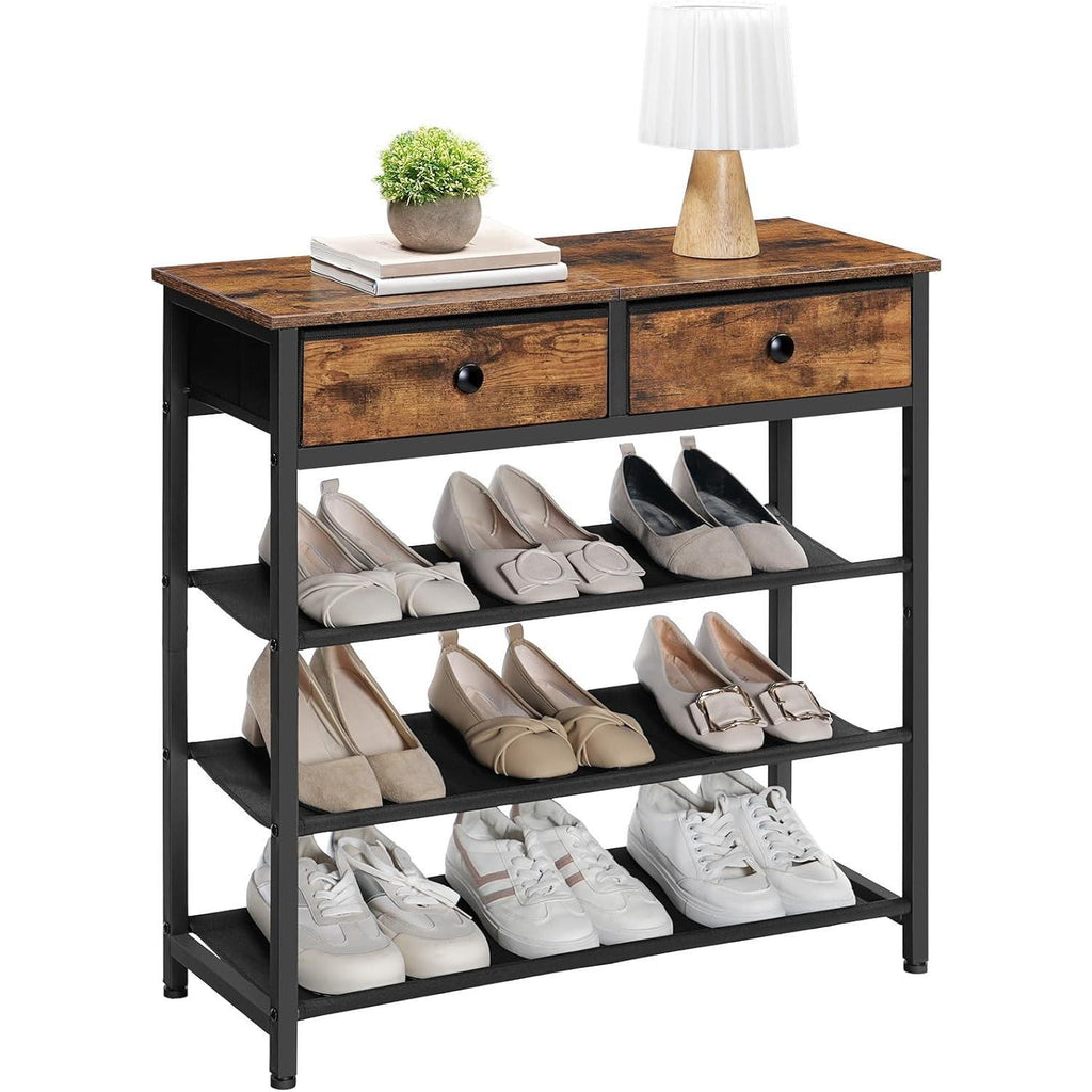 Shoe Rack,  Shoe Storage Organizer with 2 Non-Woven Drawers, 12-15 Pairs of for Entryway, Shelf with 3 Oxford Fabric Shelves and Wooden Top, Closet, Rustic Brown