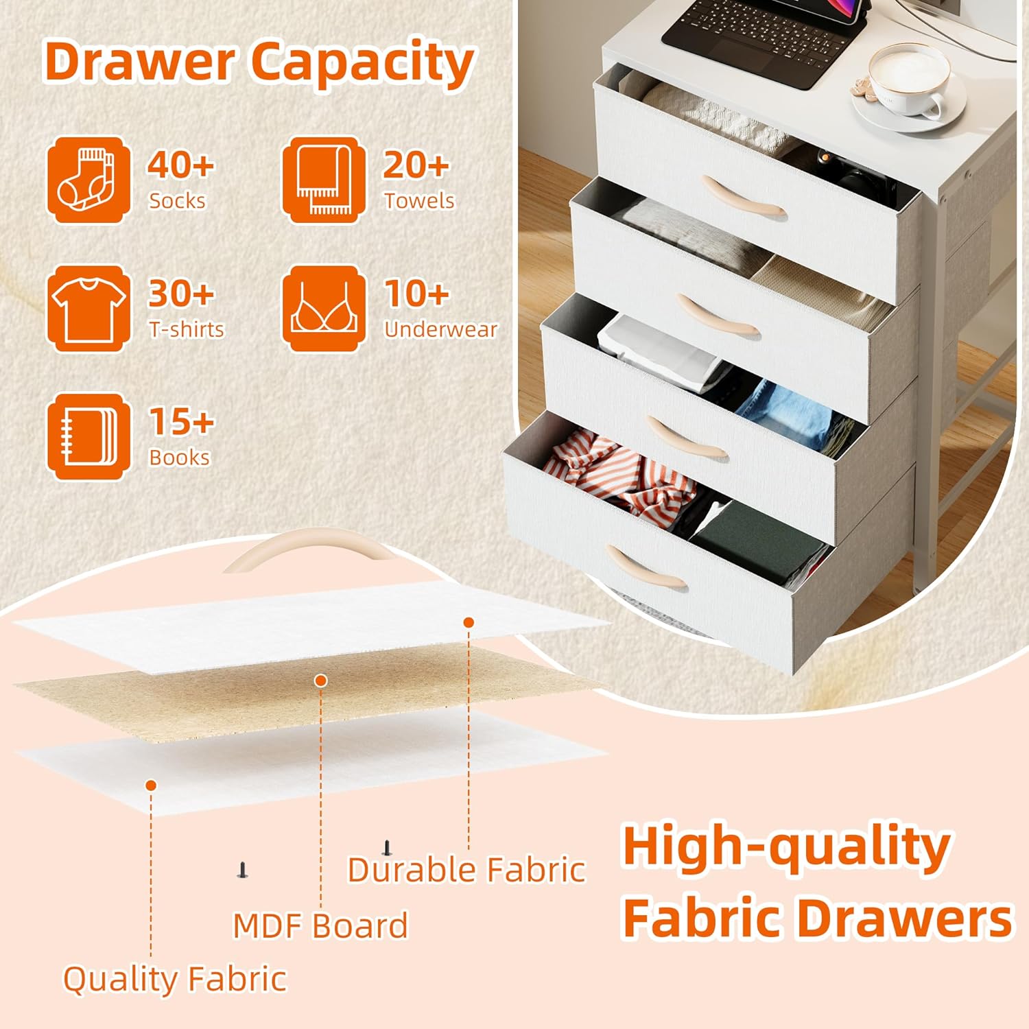 White Bedside Table with Charging Station & LED Light Nightstand 4 Fabric Drawers Wood Shelf Bedside Cabinet Bedroom Side Table Storage Organizer