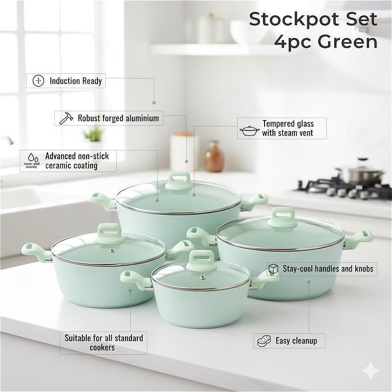 4Pcs Professional Aluminium Non-Stick Stockpot Set, Soft Touch Handle with Tempered Glass Lid, Induction Compatible Cookware Set, Soup Stew Pot for Kitchen Cooking