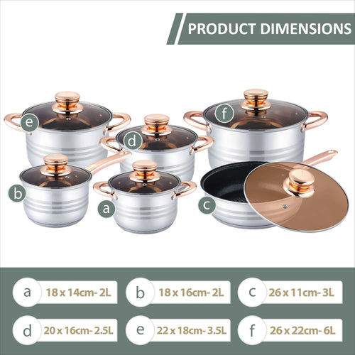 12‑Piece Stainless Steel Cookware Set with Glass Lids, Non‑Stick Casserole & Stockpot, Rose Gold Handles, Induction Compatible Kitchen Cooking Pots Set