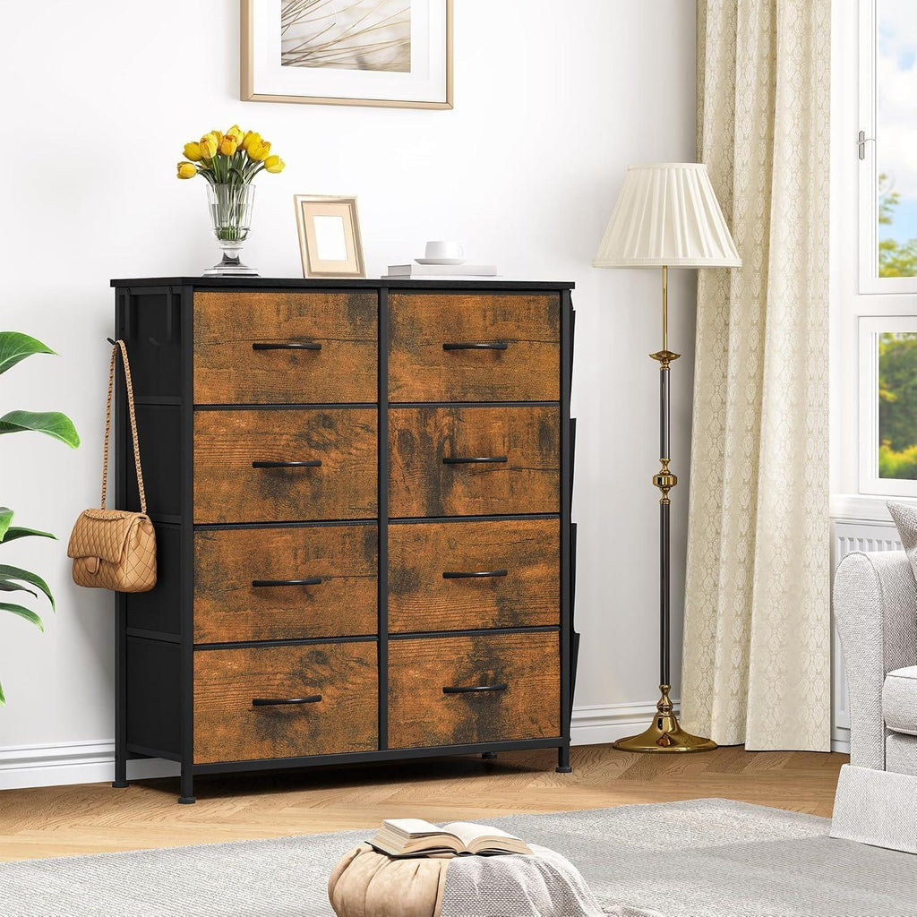 8 Drawers Metal Frame Dresser - Fabric Storage Chest for Bedroom with Handles, Wood Grain Finish for Living Room and Hallway [Plus A Free Gift]