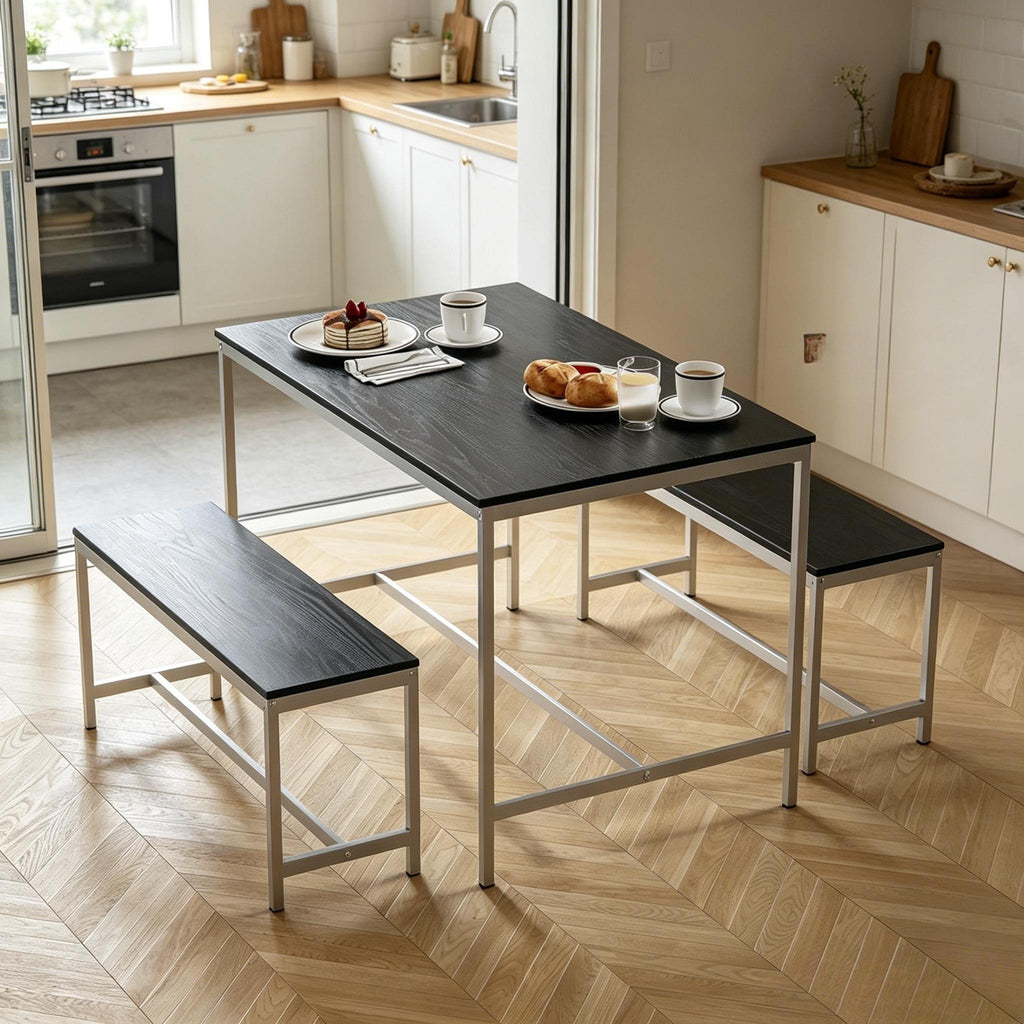 Industrial 3‑Piece Dining Table & Bench Set, 4‑Seater Space‑Saving Kitchen Dining Furniture, Heavy‑Duty Powder‑Coated Metal Frame & Durable MDF Tabletop for Dining Room, Small Apartment