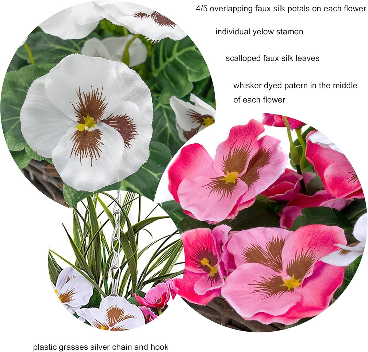 2 Pcs Coco Coir Artificial Hanging Planters, Fake Pink White Pansies Floral Arrangement with Decorative Grasses, UV Waterproof Hanging Basket for Indoor Outdoor Garden Decor