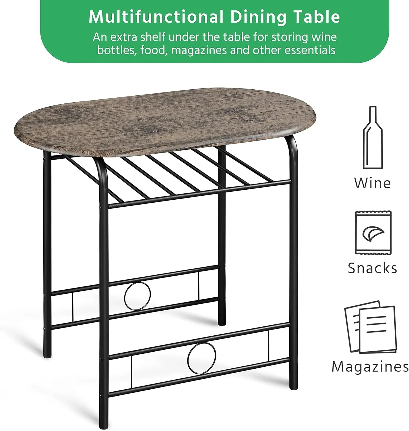 3-Piece Round Dining Table Set for 2 – Compact Breakfast Bar with Chairs, Metal Legs, Shelf & Built-in Wine Rack (Drift Brown)