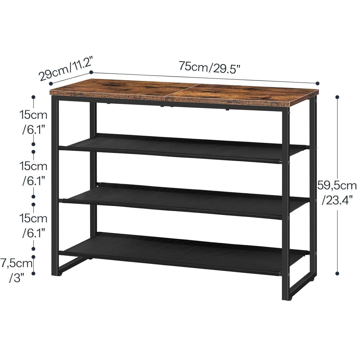 4 Tier Shoe Rack, Rustic Brown Industrial Style - 3 Oxford Fabric Shelves + Top Panel, Holds 12-16 Pairs, Ideal for Closet & Entryway Shoe Storage