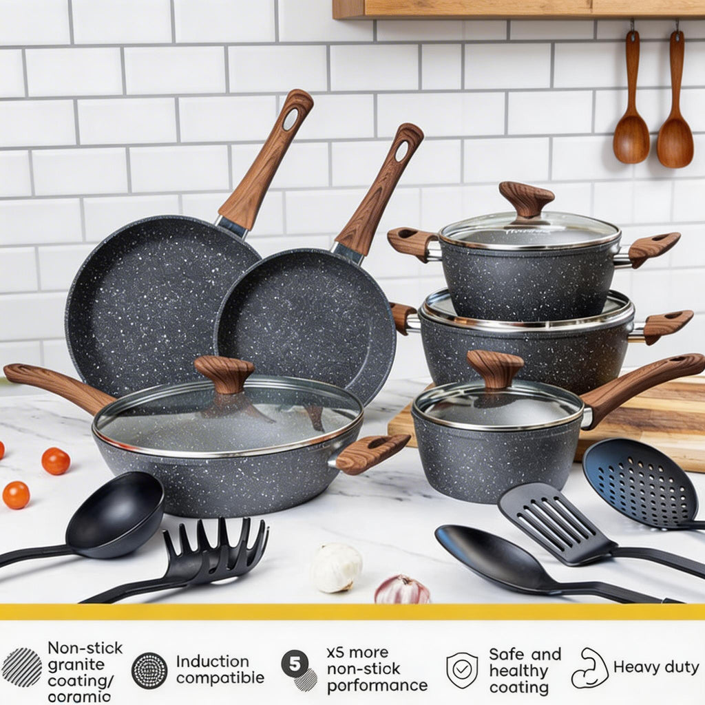 15‑Piece Nonstick Cookware Set – Granite Ceramic Coating for Effortless Food Release & Easy Cleaning, Induction‑Compatible Reinforced Base, Heat‑Insulated Wood‑Grain Handles, Includes 5 Pots, 4 Lids & 6 Utensils – Ideal for Daily Home Cooking