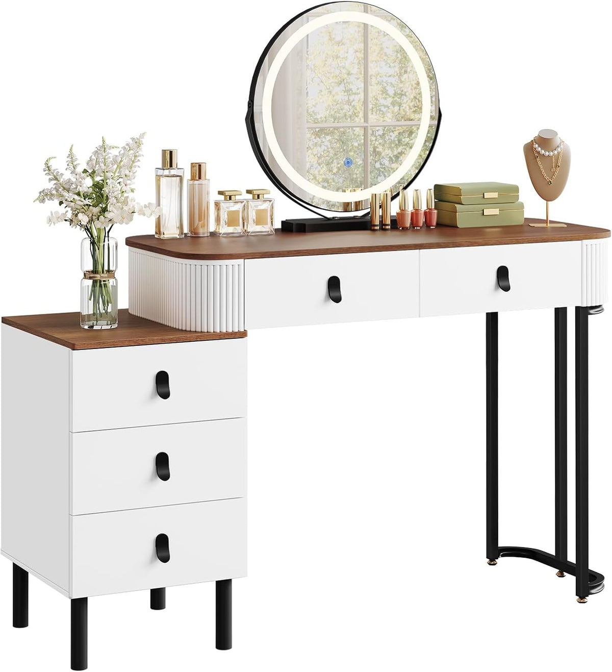 Dressing Table Vanity Desk with 3‑Colour Dimmable LED Swivel Mirror, 100×40cm Makeup Table with 5 Drawers & Removable Side Cabinet for Bedroom