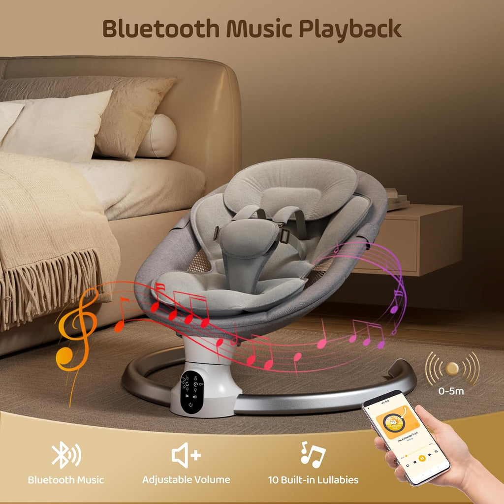 Electric Baby Swing for Infant, Upgraded 5 Point Harness Baby Bouncer Chair with 5 Swing Speeds 3 Timers and 10 Music, APP/Remote/IMD Panel Control Newborn Toddler Swing Chair (Light Grey)