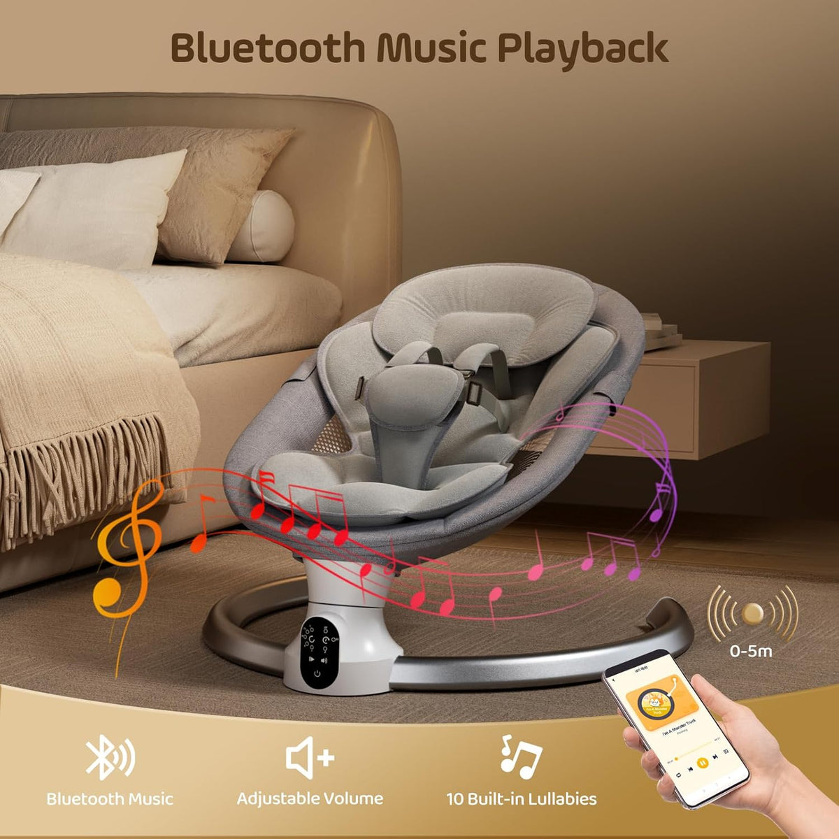 Electric Baby Swing for Infant, Upgraded 5 Point Harness Baby Bouncer Chair with 5 Swing Speeds 3 Timers and 10 Music, APP/Remote/IMD Panel Control Newborn Toddler Swing Chair (Light Grey)