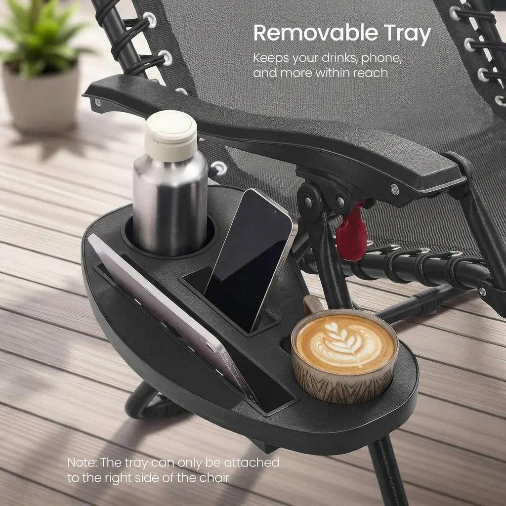 Zero Gravity Reclining Chairs Set of 2, Folding Sun Loungers with Tray, Adjustable Headrest, 110kg Capacity Each, Outdoor Patio Garden Furniture [Plus A Free Gift]