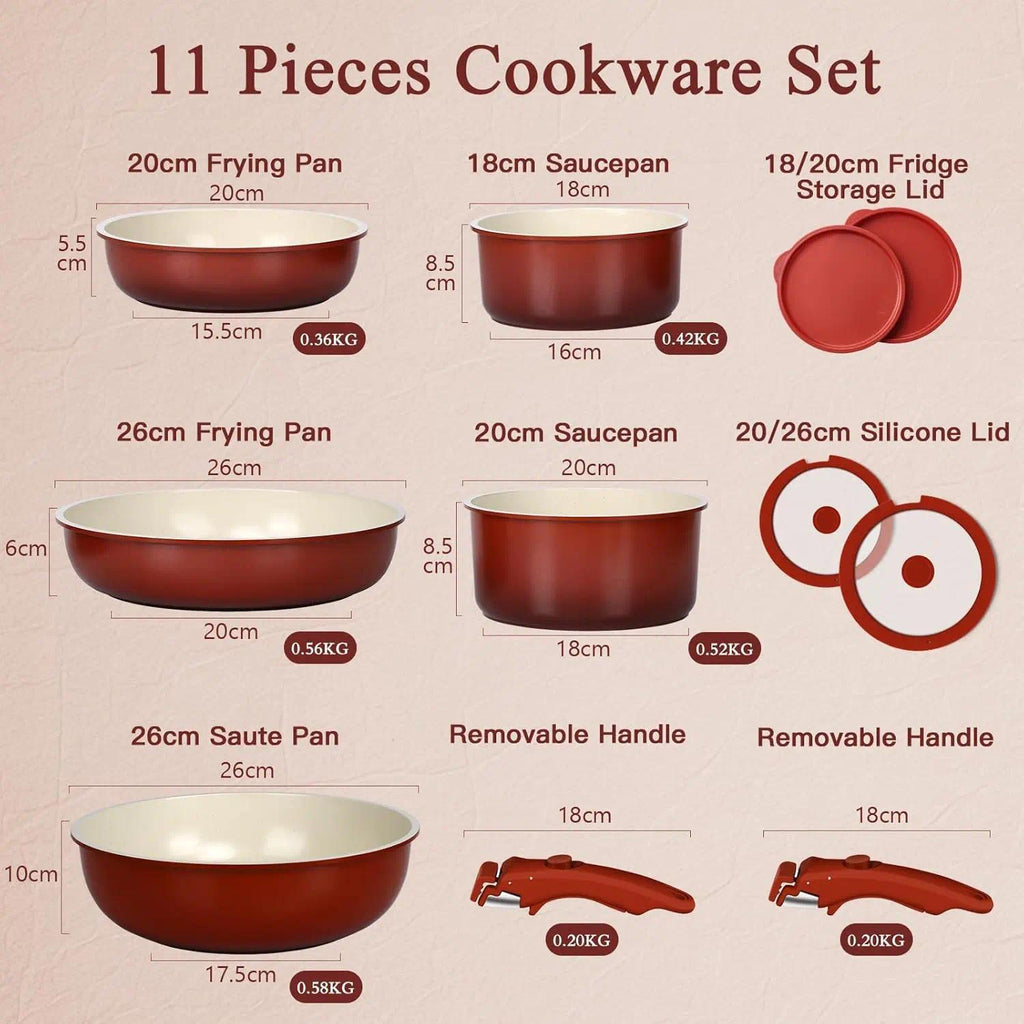 11PCS Granite Non-Stick Pots and Pans Cookware Set with Detachable Removable Handles,  Free Healthy Kitchen Cooking Set, Oven Safe Compatible for Induction Gas Electric Stovetops, Space Saving RV Camper Travel Cookware Kit