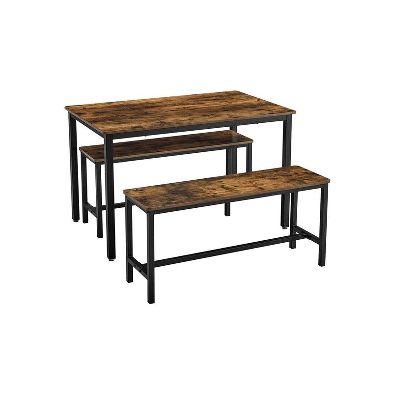 Industrial Dining Table Set with 2 Benches, Steel Frame Kitchen Table 110 x 70 cm, Benches 97 x 30 cm