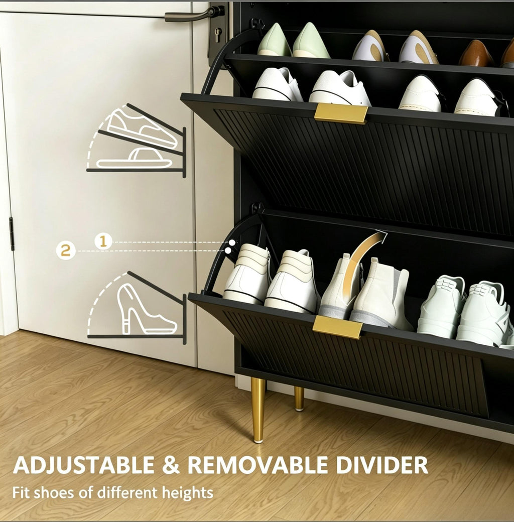 Narrow Shoe Cabinet with 2 Flip Drawers, Modern Slim Shoe Storage Cabinet with Fluted Doors, Gold Handles & Adjustable Shelves, Freestanding Shoe Organizer for Hallway Entryway, Holds 12 Pairs of Shoes
