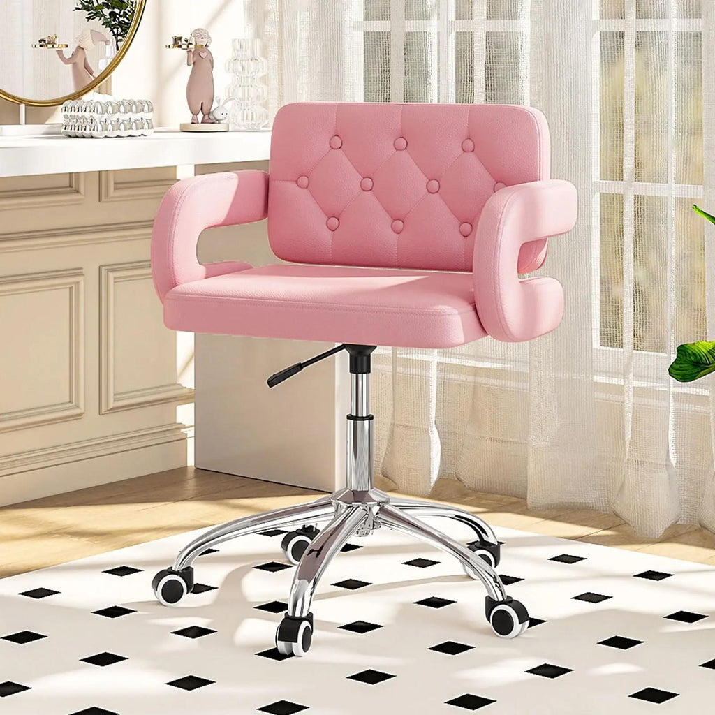 Faux Leather Swivel Office Chair, Height Adjustable Ergonomic Desk Chair, Vanity Chairs Lumbar Support and C-Armrests for Office Bedroom Living Room, Pink