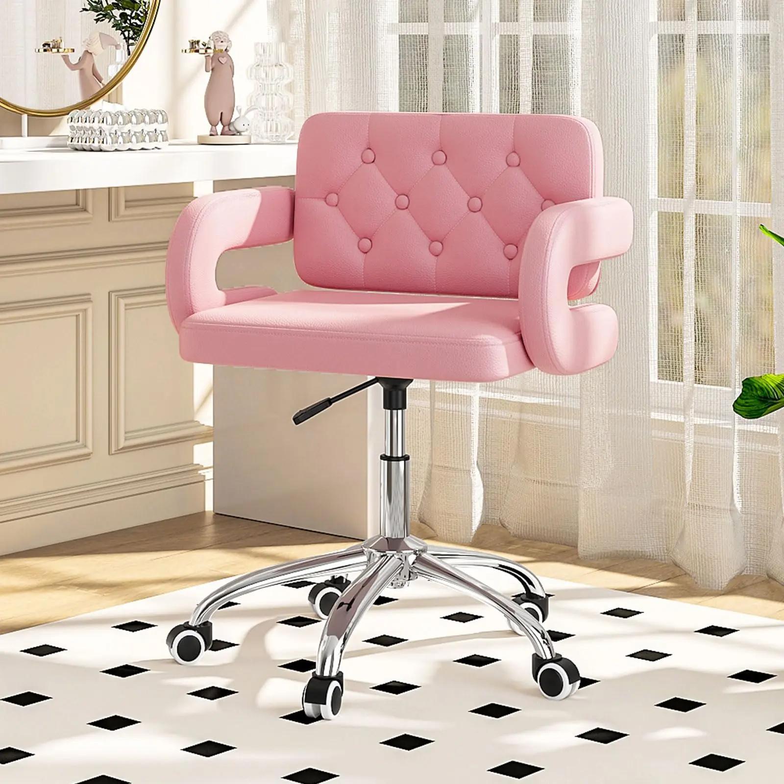 Faux Leather Swivel Office Chair, Height Adjustable Ergonomic Desk Chair, Vanity Chairs Lumbar Support and C-Armrests for Office Bedroom Living Room, Pink