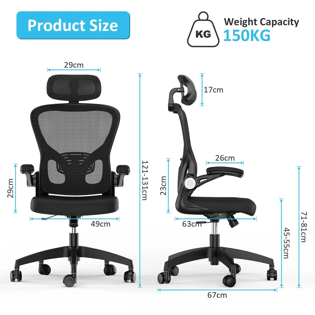 High‑Back Ergonomic Breathable Mesh Office Desk Chair, Adjustable Headrest & Lumbar Support, Flip‑Up Armrests with Rocking Tilt Function, 360° Swivel Rolling Computer Chair for Home Office Study & Gaming
