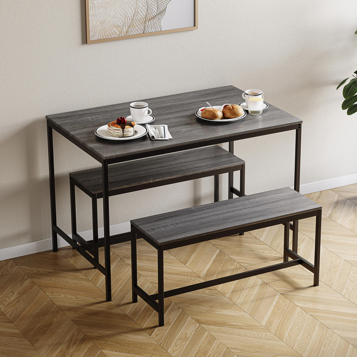 Industrial 3‑Piece Dining Table & Bench Set, 4‑Seater Space‑Saving Kitchen Dining Furniture, Heavy‑Duty Powder‑Coated Metal Frame & Durable MDF Tabletop for Dining Room, Small Apartment