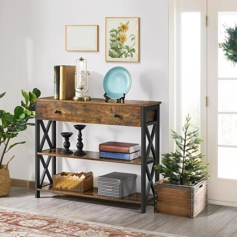 Industrial Vintage Console Table, MDF & Iron Frame Entryway Table with Drawer and 2 Open Storage Shelves, 3-Tier Narrow Sofa Side Table, Multifunctional TV Stand Accent Furniture for Living Room Hallway Bedroom Entryway