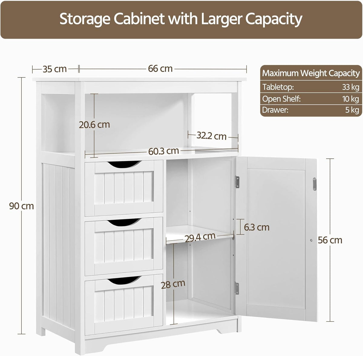 Modern White Freestanding Wooden Storage Cabinet, Accent Floor Organizer with Open Shelf, 3 Drawers & Adjustable Shelving, Multi‑Purpose Sideboard for Bathroom Living Room Kitchen Entryway