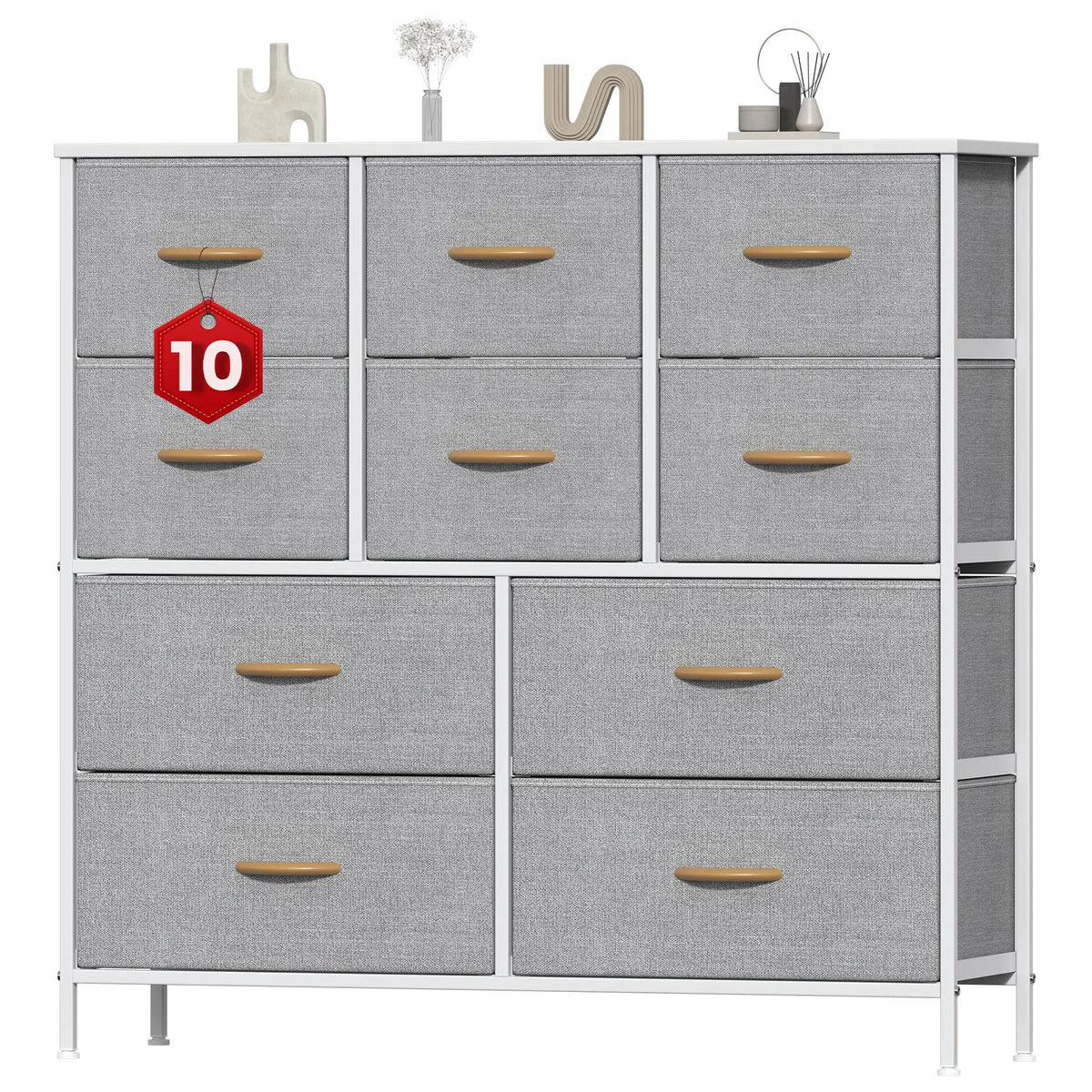 10-Drawer Fabric Storage Tower with Metal Frame & MDF Top, Non-Woven Organiser for Bedroom, Living Room, Hallway – Beige/White/Wood Tone (100x30x97cm)