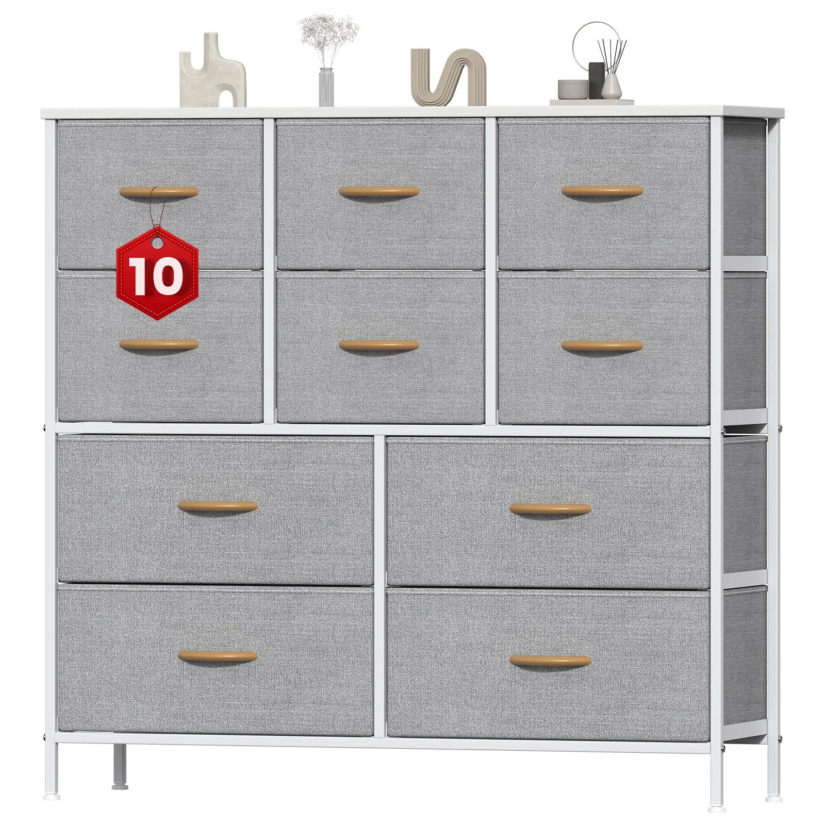10-Drawer Fabric Storage Tower with Metal Frame & MDF Top, Non-Woven Organiser for Bedroom, Living Room, Hallway – Beige/White/Wood Tone (100x30x97cm)