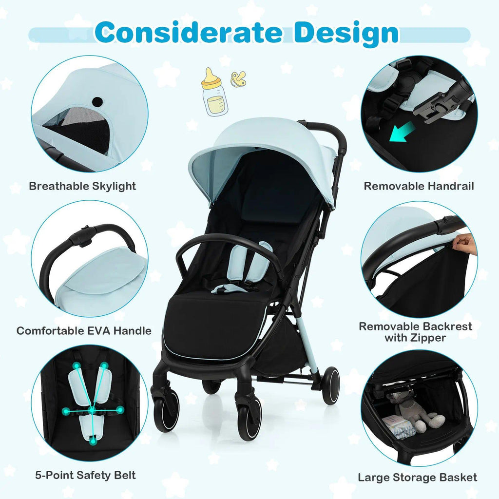 Compact Travel Baby Stroller with Detachable Seat Cover, 5-Point Safety Harness, Multi-Angle Canopy, Reclining Backrest and Adjustable Footrest, Lightweight One-Hand Fold Pushchair for Newborn to 3 Years [Plus A Free Gift]