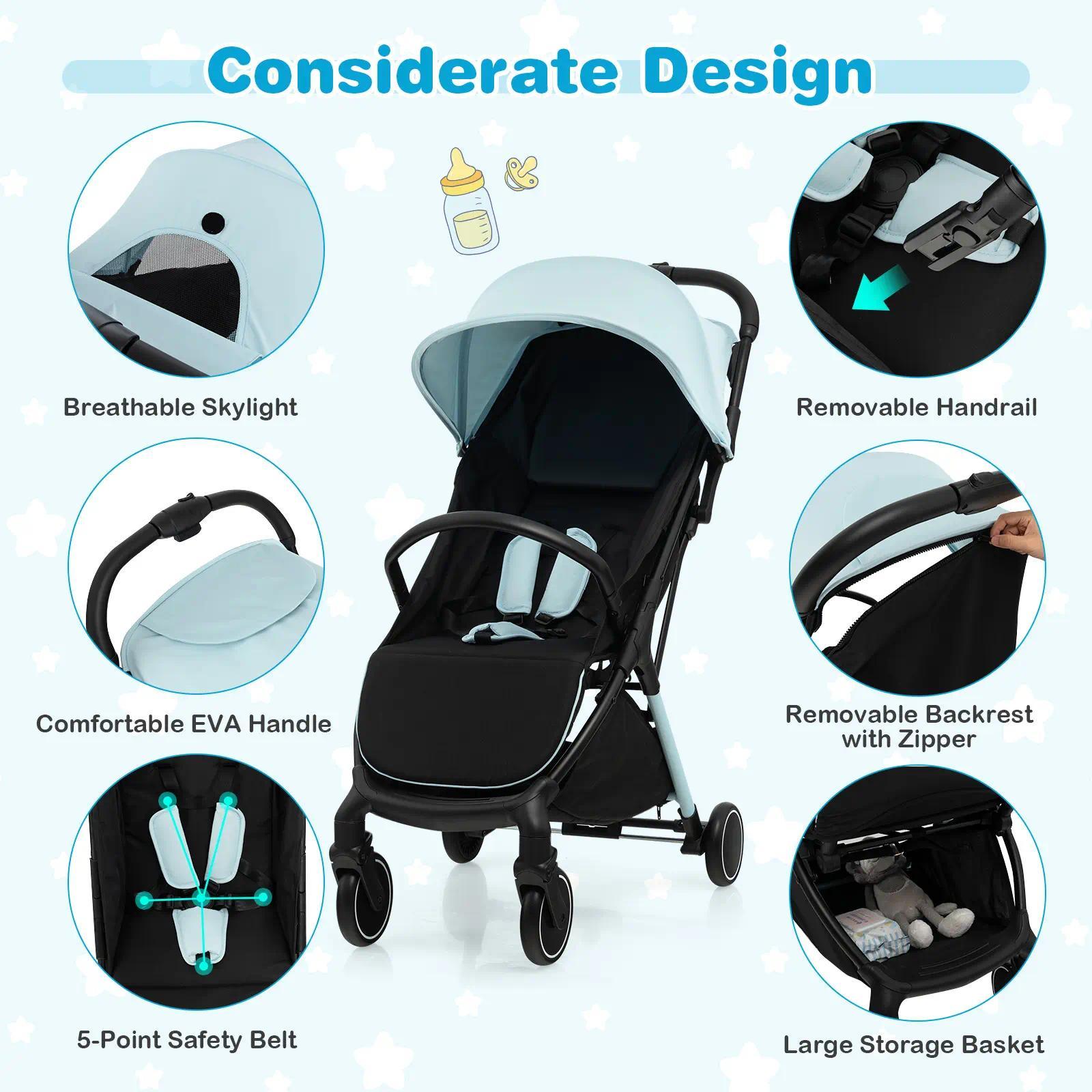 Compact Travel Baby Stroller with Detachable Seat Cover, 5-Point Safety Harness, Multi-Angle Canopy, Reclining Backrest and Adjustable Footrest, Lightweight One-Hand Fold Pushchair for Newborn to 3 Years [Plus A Free Gift]