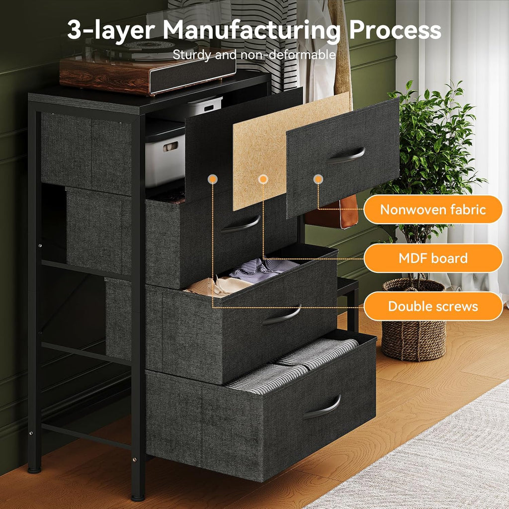 Retro Fabric Chest of Drawers, Multifunctional Storage Dresser with 4 Drawers, Clothes Hanging Rail & 2 Hooks, Double-Layer Shoe Rack Organizer, Stable Frame Storage Cabinet for Bedroom Entryway Home Furniture