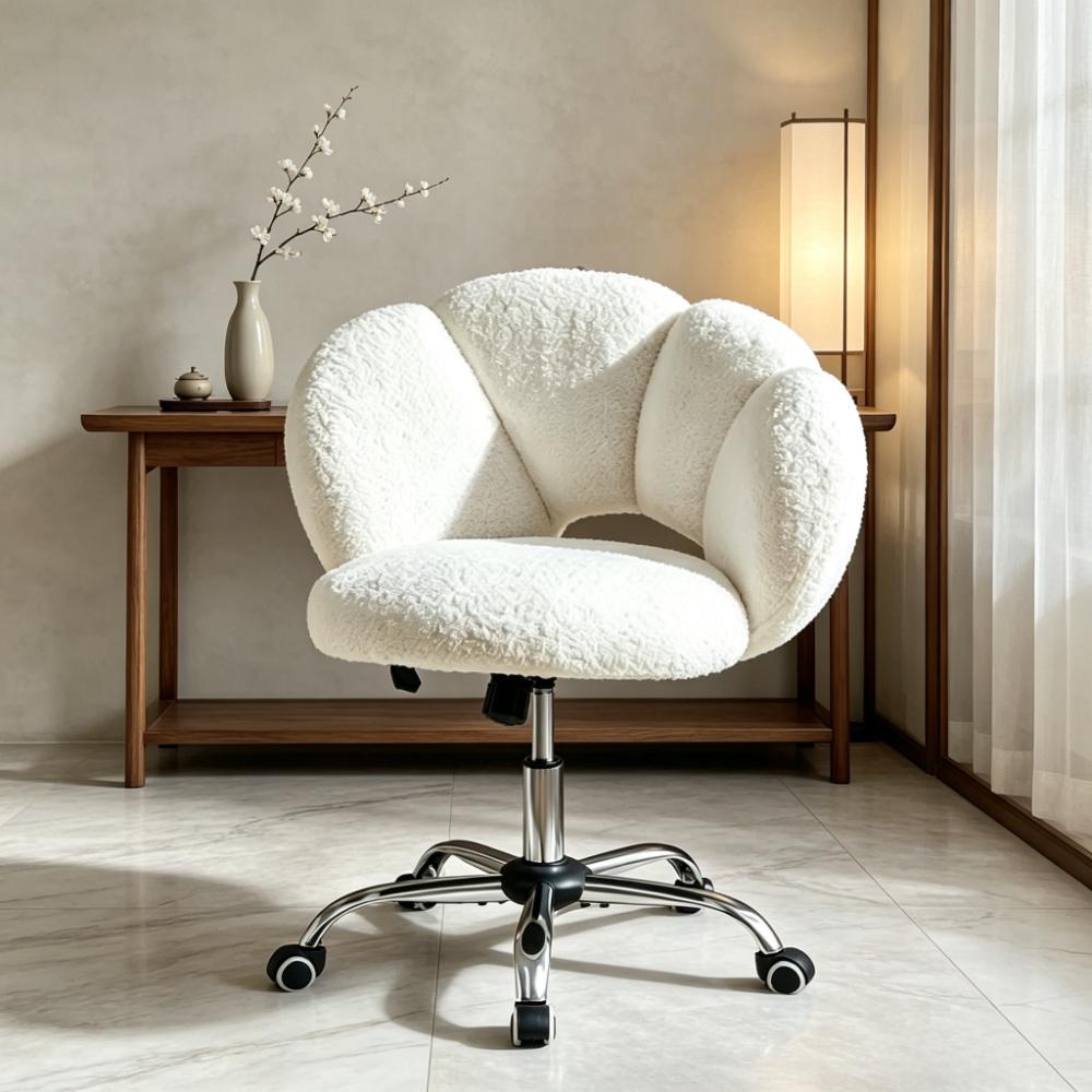 White Boucle Cloud-Shaped Desk Chair | Swivel Makeup Vanity Stool with Wheels & Adjustable Height | Soft Upholstered Home Office Accent Chair for Bedroom Living Room [Plus A Free Gift]