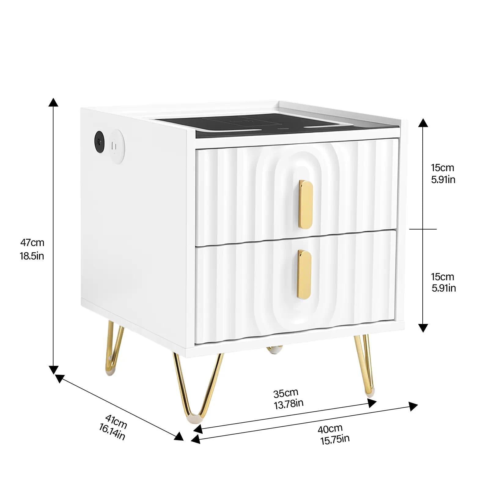 White & Gold Smart Nightstand with Fluted Drawer Fronts, Wireless Charging, Illuminated Glass Top, 2-Drawer Bedside Table [Plus A Free Gift]