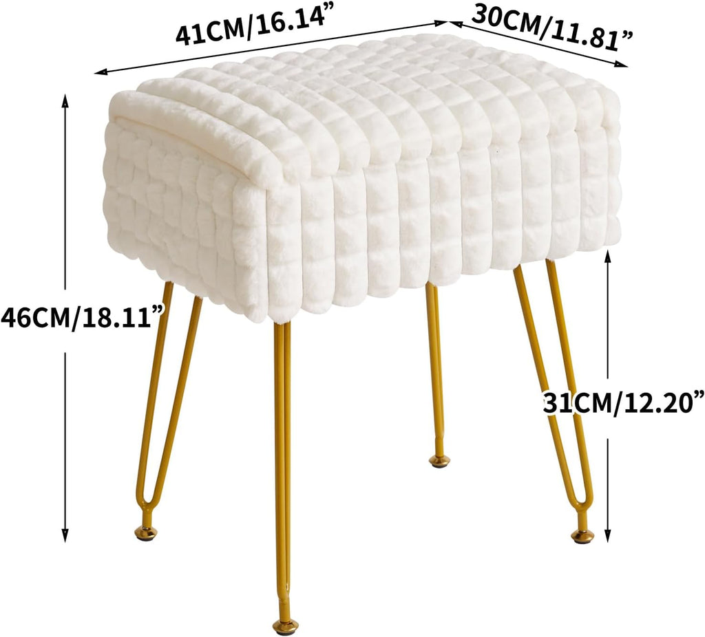 White Rectangular Vanity Chair with Storage – Ottoman Footrest Stool with Anti-Slip Feet & Square Grid Design, Perfect for Bedroom and Makeup Room