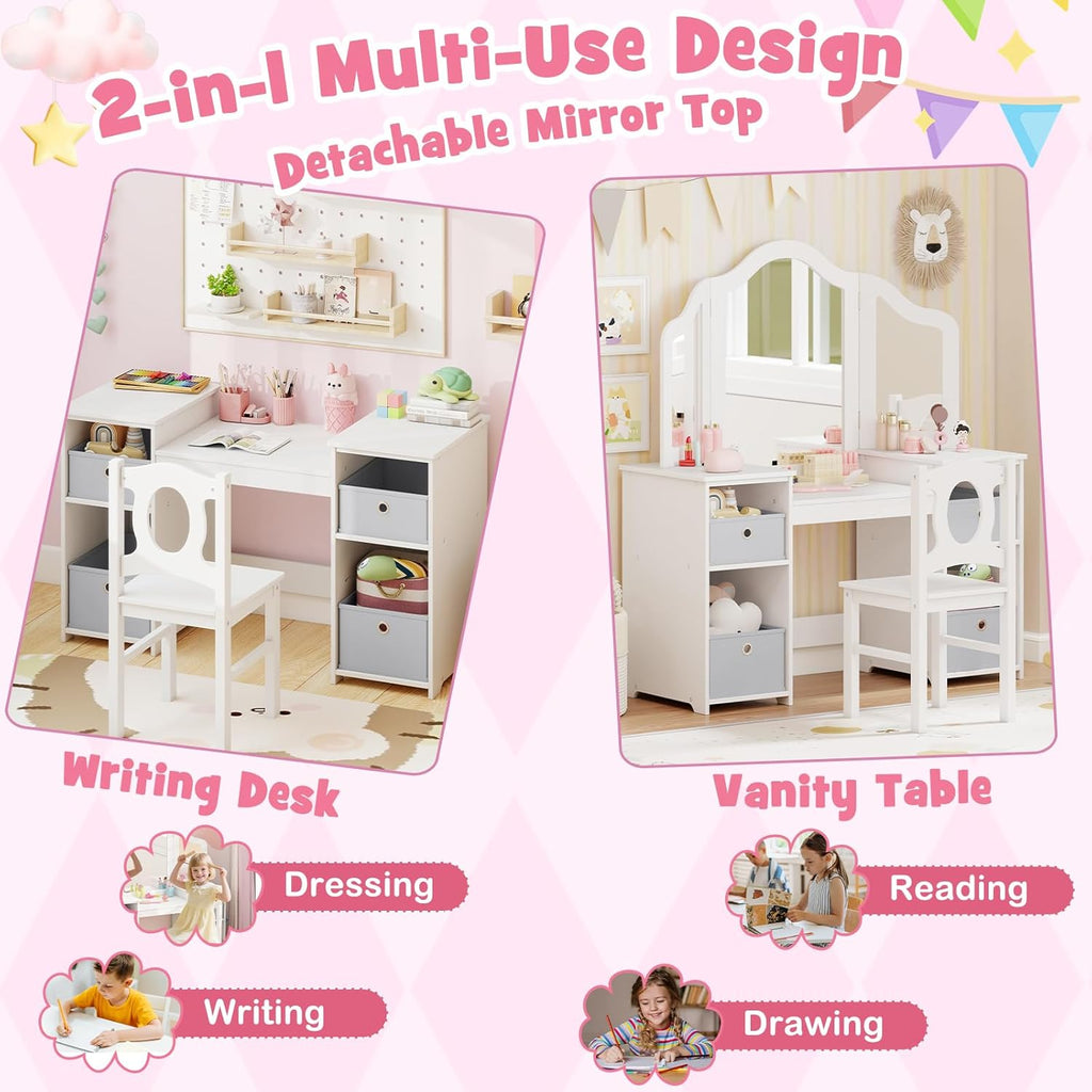 【NS】Kids Vanity Table and Stool Set, Princess Makeup Dressing Tables with Tri-Folding Detachable Mirror, 4 Storage Shelves, Wooden Children Study Desk for 3+ Years Old (White with Grey Bins)