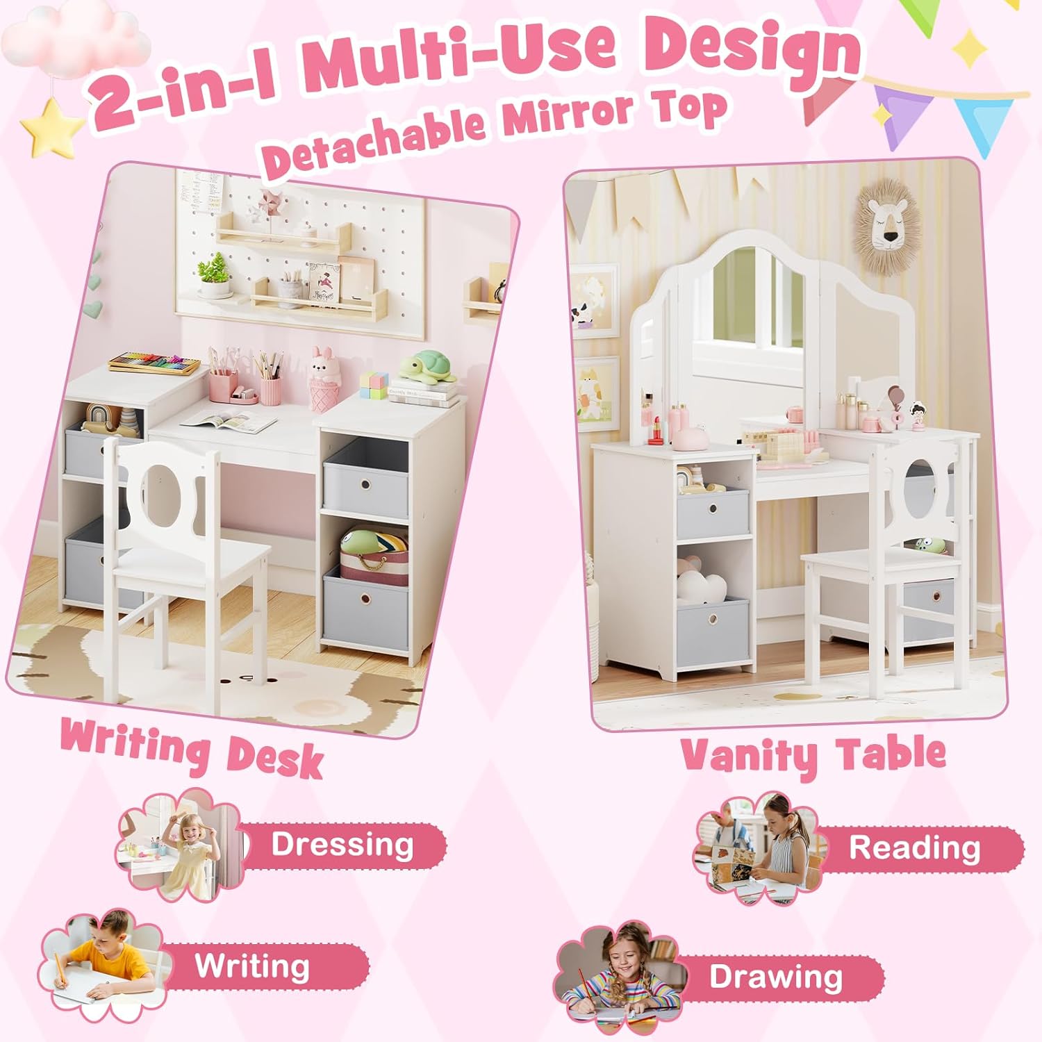 【NS】Kids Vanity Table and Stool Set, Princess Makeup Dressing Tables with Tri-Folding Detachable Mirror, 4 Storage Shelves, Wooden Children Study Desk for 3+ Years Old (White with Grey Bins)