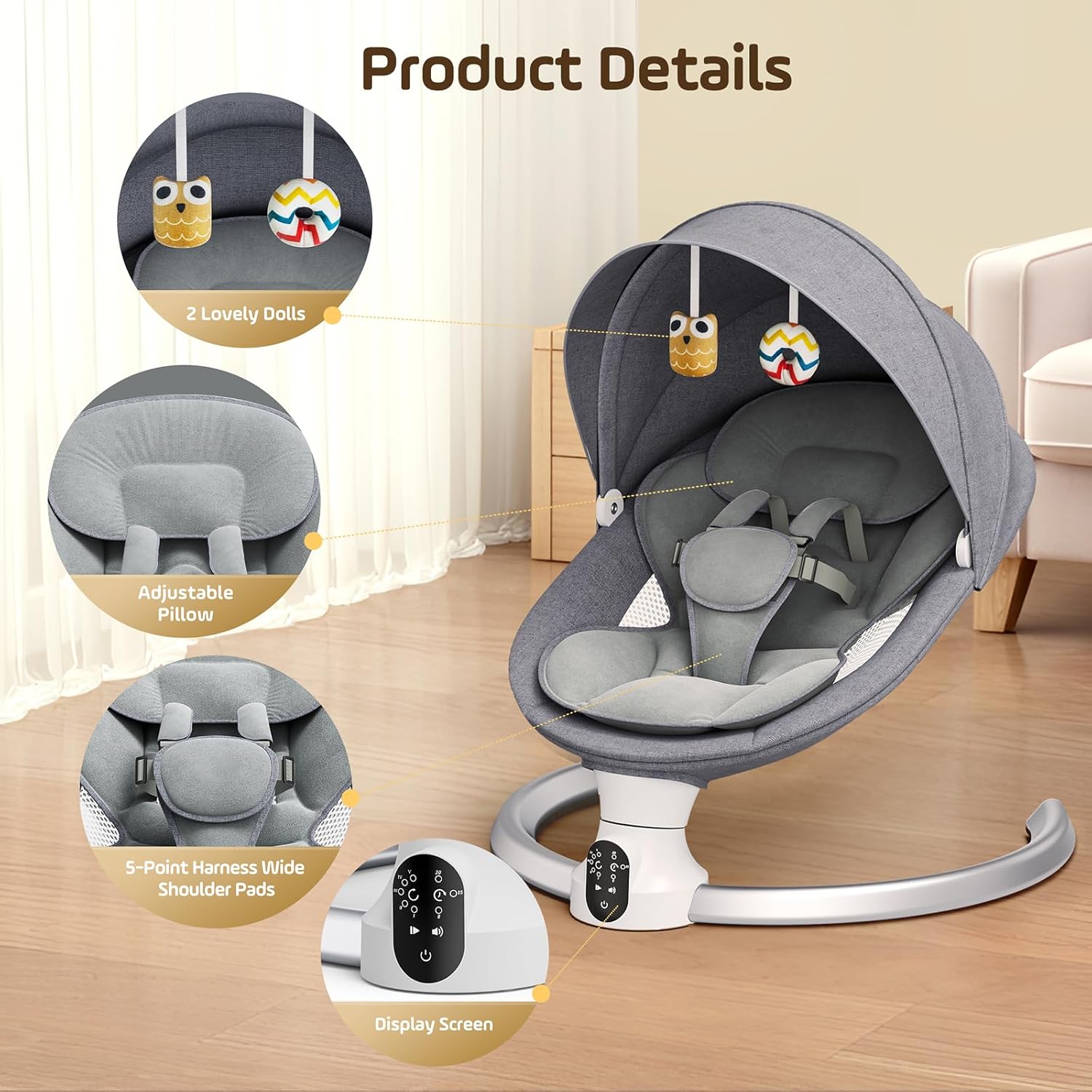 Electric Baby Swing for Infant, Upgraded 5 Point Harness Baby Bouncer Chair with 5 Swing Speeds 3 Timers and 10 Music, APP/Remote/IMD Panel Control Newborn Toddler Swing Chair (Light Grey)