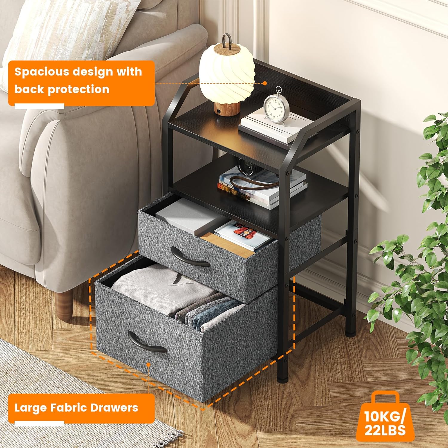 Set of 2 Rustic Industrial Nightstands, Wood and Metal Bedside Table with Drawers & 2 Open Storage Shelves, Multi-Purpose End Table Sofa Side Table, Bedside Organizer Cabinet for Bedroom Living Room Small Spaces