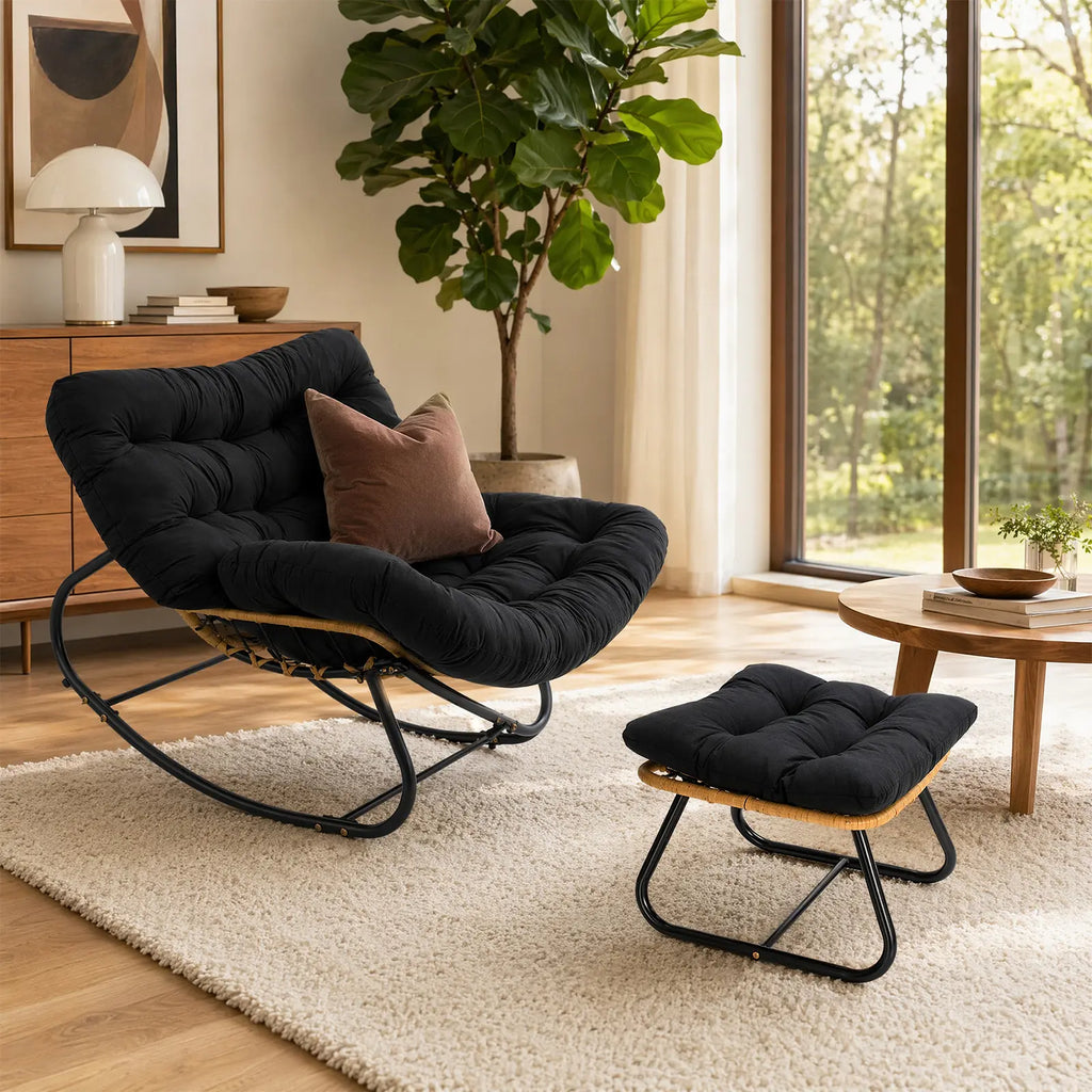 CROWNSHOP Chairs Oversized Rattan Egg Rocking Chair – Outdoor Wicker Chair with Metal Frame, Large Cushioned Seat for Garden & Patio