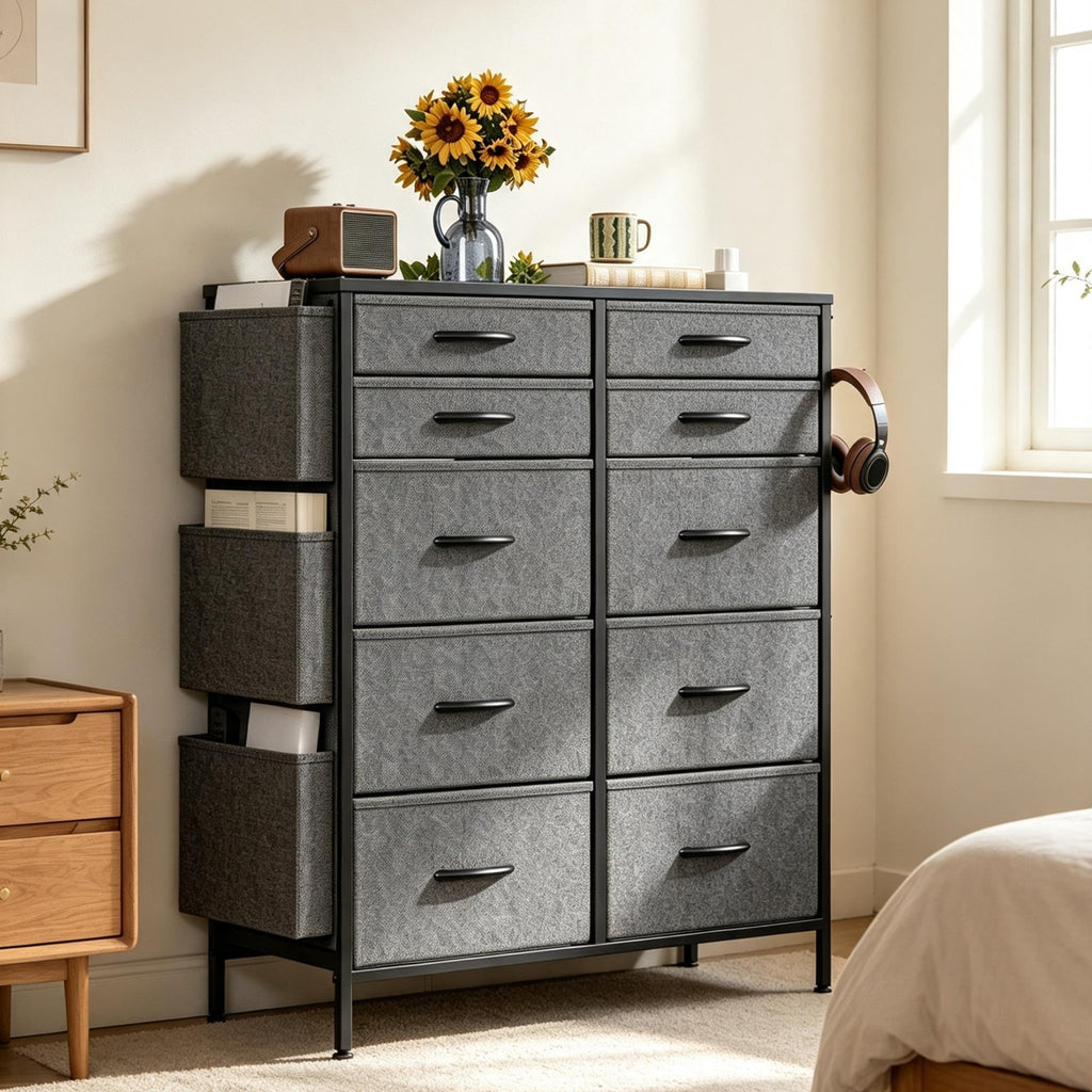 White Tall 10‑Drawer Fabric Dresser with 3 Side Pockets, Chest of Drawers with MDF Wood Top & Metal Frame, Anti‑Tip Storage Organizer for Bedroom Closet Living Room Dorm Office