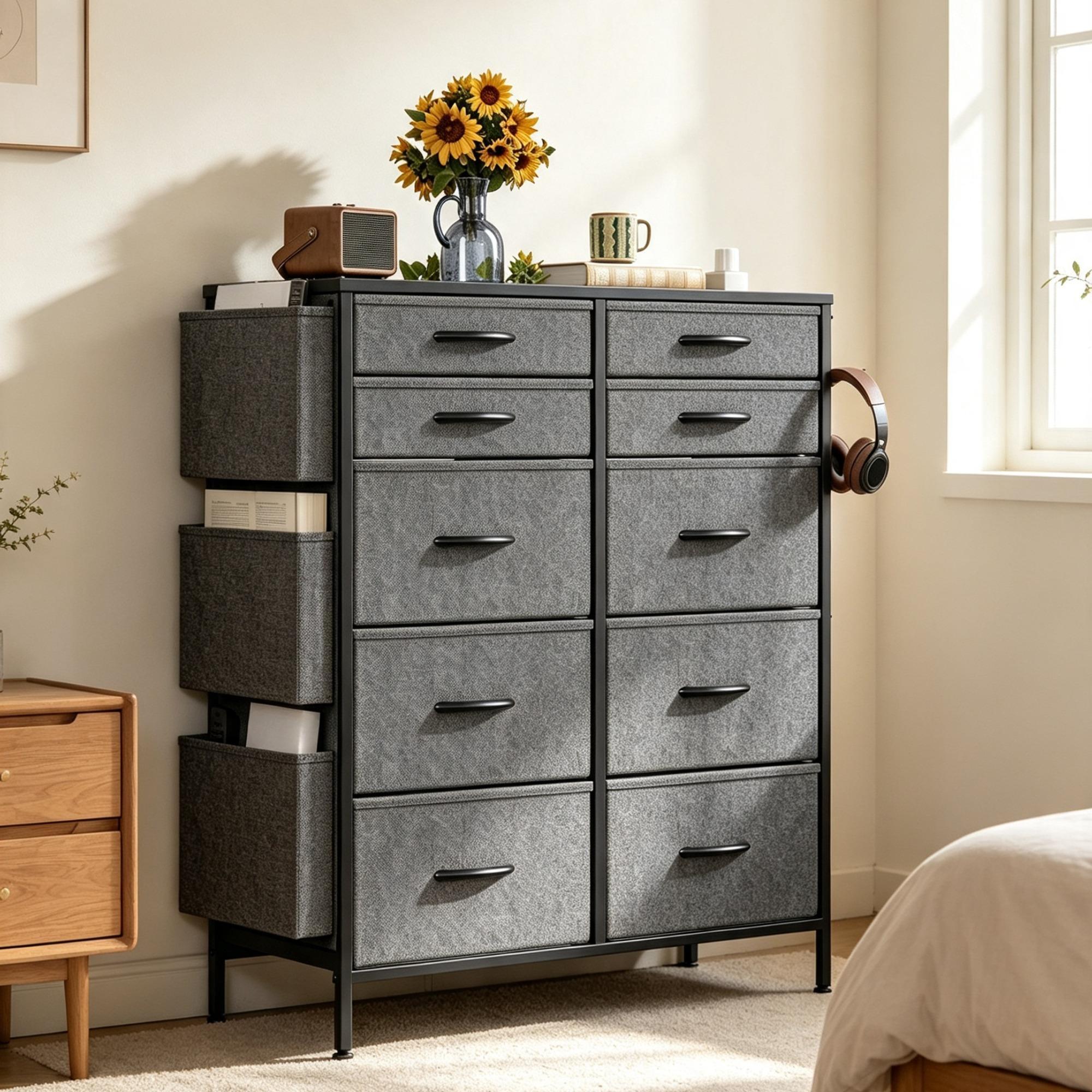 White Tall 10‑Drawer Fabric Dresser with 3 Side Pockets, Chest of Drawers with MDF Wood Top & Metal Frame, Anti‑Tip Storage Organizer for Bedroom Closet Living Room Dorm Office
