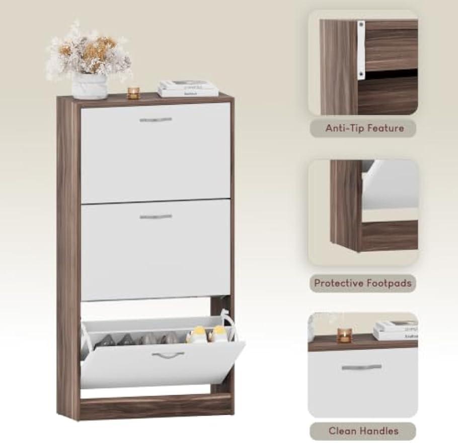 Slim Wooden Shoe Cabinet with 3 Pull-Down Drawers, Dustproof Entryway Storage Organiser, Space-Saving Tall Unit for Hallway and Corridor [Plus A Free Gift]