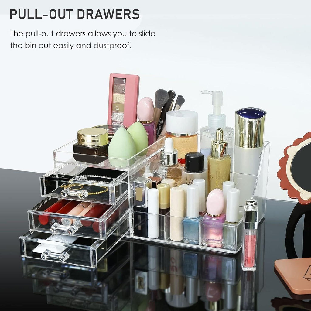Clear Makeup Organizer With Drawers,Stackable Cosmetic Storage Display Case for Vanity,Bathroom Counter or Dresser,Countertop Holder for Lipstick,Brushes,Lotions,Eyeshadow,Nail Polish and Jewelry