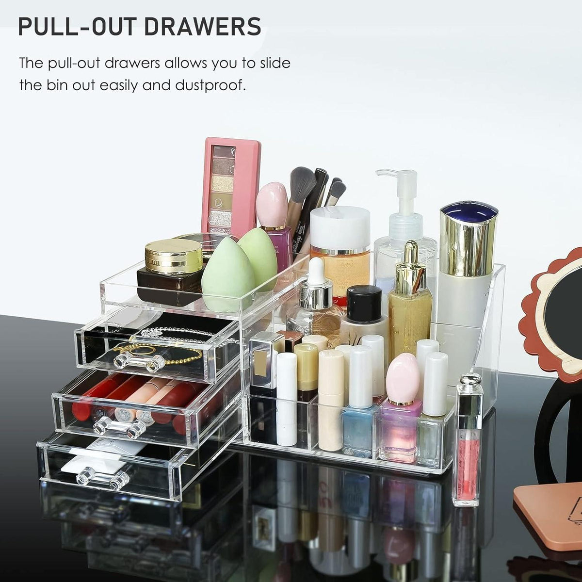 Clear Makeup Organizer With Drawers,Stackable Cosmetic Storage Display Case for Vanity,Bathroom Counter or Dresser,Countertop Holder for Lipstick,Brushes,Lotions,Eyeshadow,Nail Polish and Jewelry