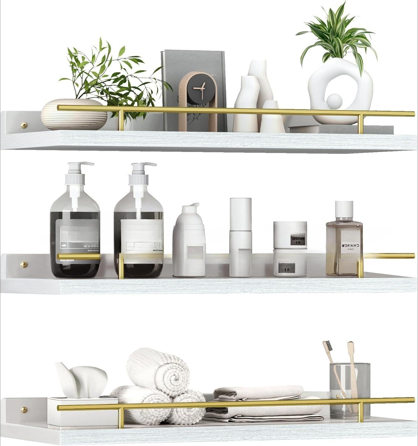 3 Set Floating Wall Mounted Wood Shelves - Versatile Picture Ledge Display Racks & Spice Racks, Decorative Wooden Wall Shelves Ideal for Bathroom, Living Room, Kitchen, Home Office & Laundry Room, Space-Saving Home Storage Decor