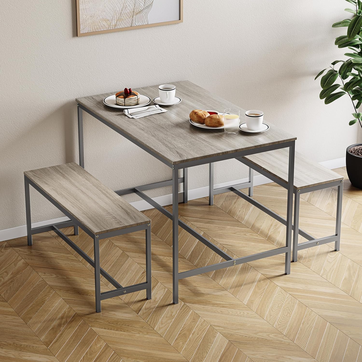 Industrial 3‑Piece Dining Table & Bench Set, 4‑Seater Space‑Saving Kitchen Dining Furniture, Heavy‑Duty Powder‑Coated Metal Frame & Durable MDF Tabletop for Dining Room, Small Apartment