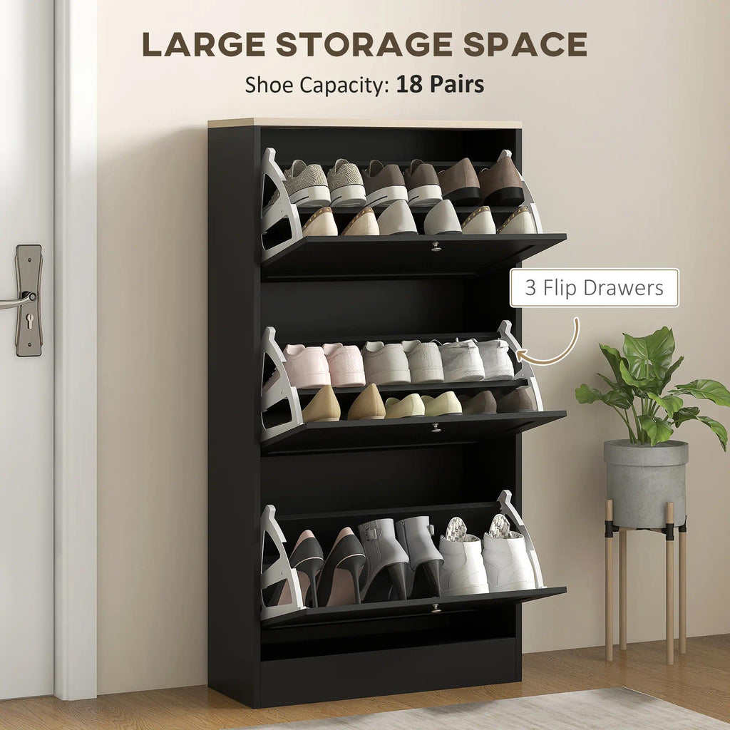 Black Slim Freestanding Shoe Cabinet, 3 Flip-Tilt Drawers Narrow Hidden Shoe Storage Organizer with Adjustable Shelf, Holds 12-18 Pairs of Shoes, Space-Saving Shoe Rack for Entryway, Hallway, Bedroom Home Furniture