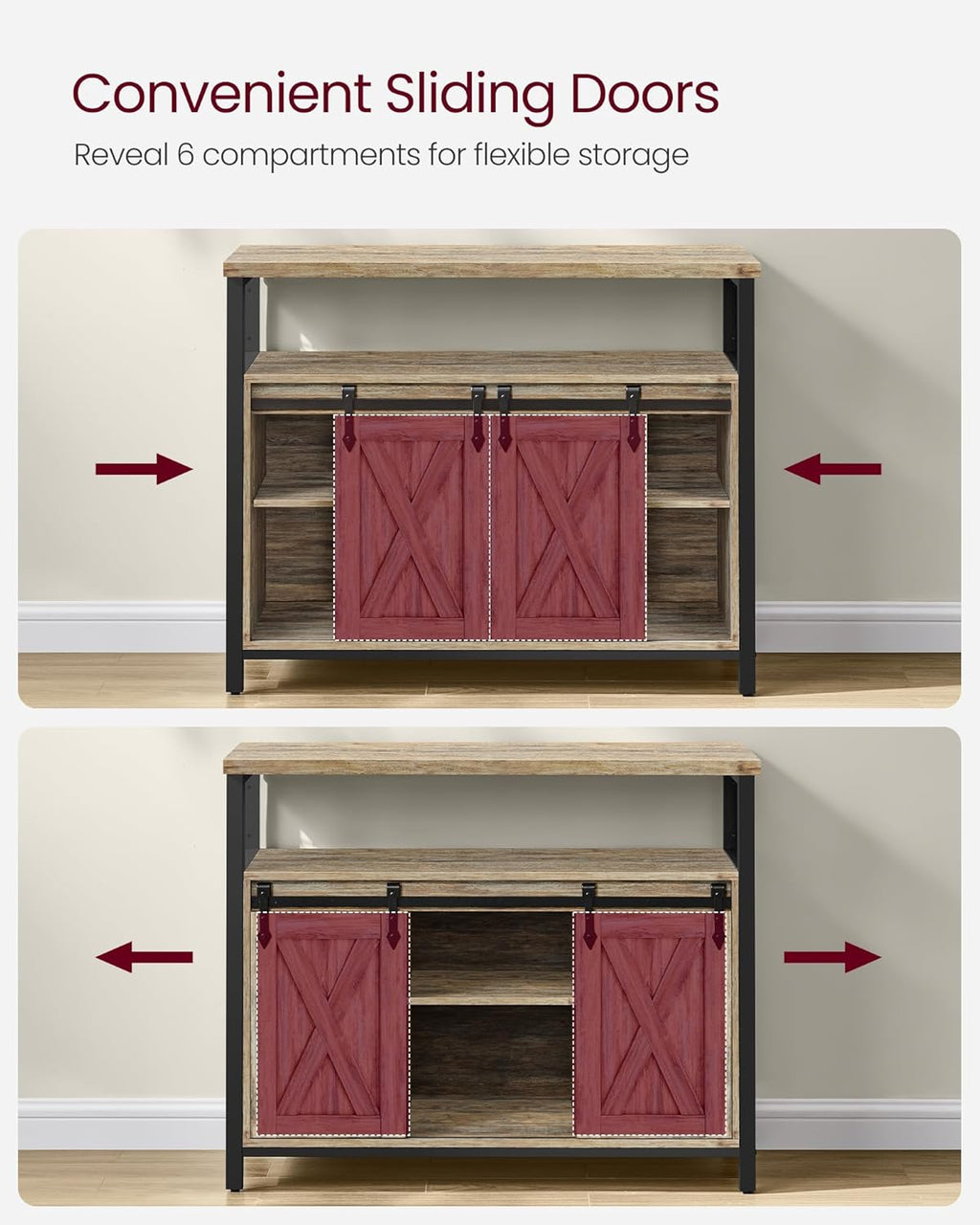 Rustic Wooden Sideboard Buffet Cabinet, Sliding Barn Doors Storage Credenza with Adjustable Shelves & Anti‑Tip Kit, Multipurpose Furniture for Kitchen Living Room Hallway