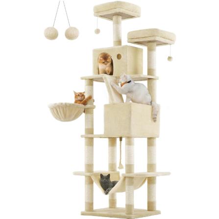 Tall Large Cat Tree 206 cm, Multi‑Level Plush Cat Tower with 13 Sisal Scratching Posts, Scratching Ramp, 2 Perches, 2 Cat Caves, Basket & Hammock, Interactive Pom‑pom Toys for Indoor Multi‑Cat Households