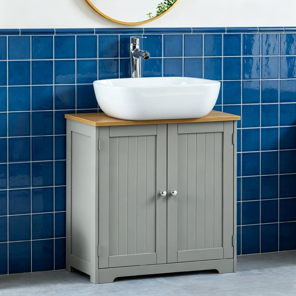 Under Sink Bathroom Cabinet Floor Standing Storage Unit, Grey and Oak Finish for Basin [Plus A Free Gift]